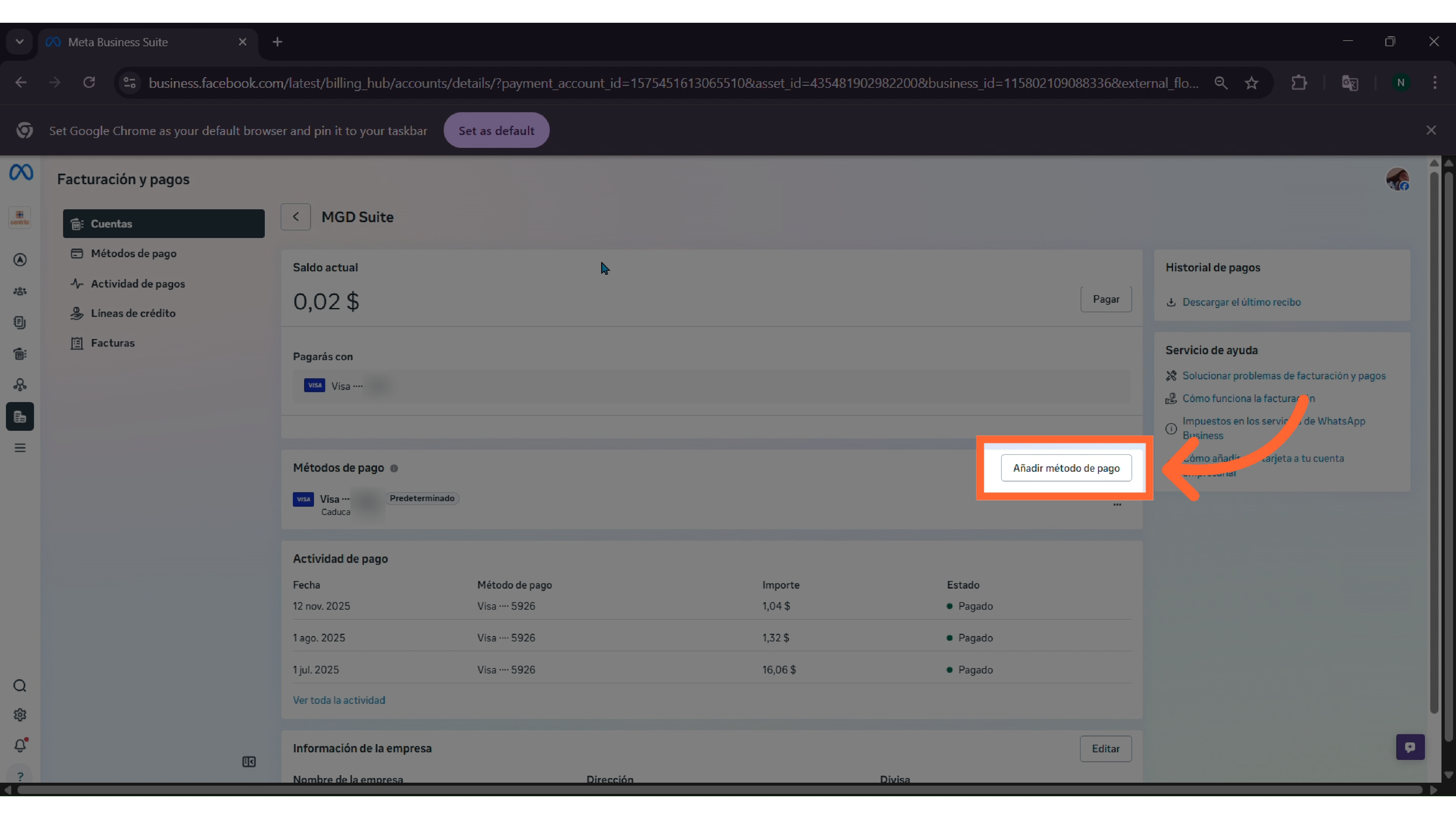 Ventana de Facturación: haz clic en Añadir método de pago